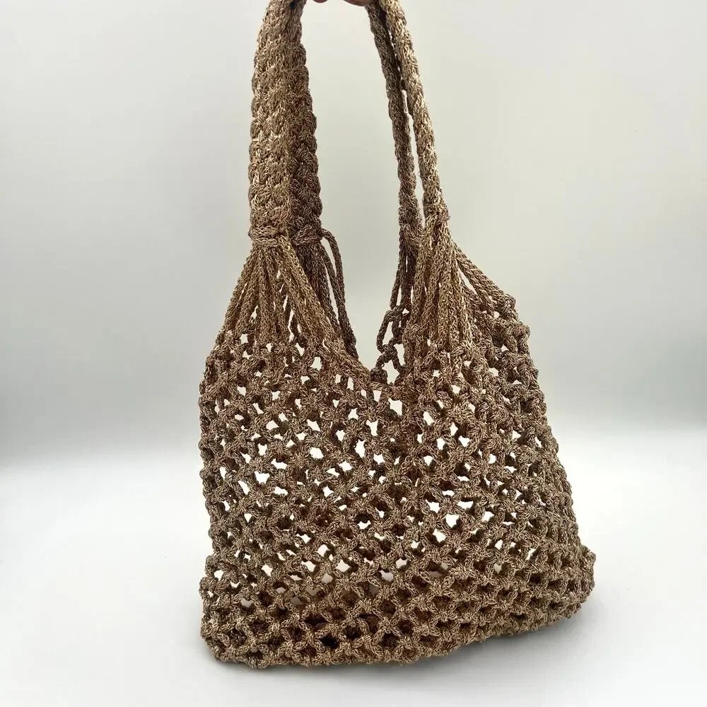 Sam Edelman Summer Hobo Woven Metallic Rose Gold Macrame Bag Braided Beach Purse
